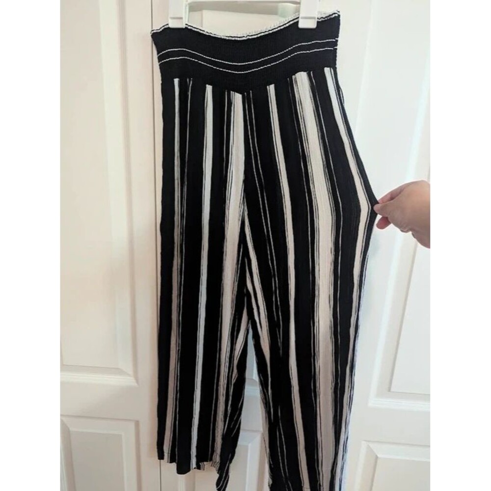 Lauren Ralph Lauren Black & White Striped Smocked Wide-Leg Pants - Size Small